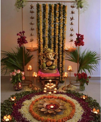 Update 65 Imagen Ganpati Background Theme Thptletrongtan Edu Vn   Diyas And Flowers In Ganpati Decoration 